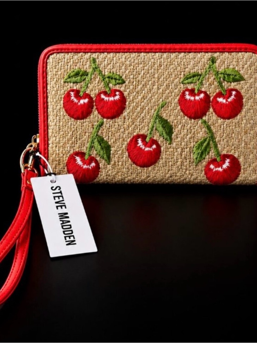 Steve Madden Red Cherry Embroidered Straw Wristlet Wallet